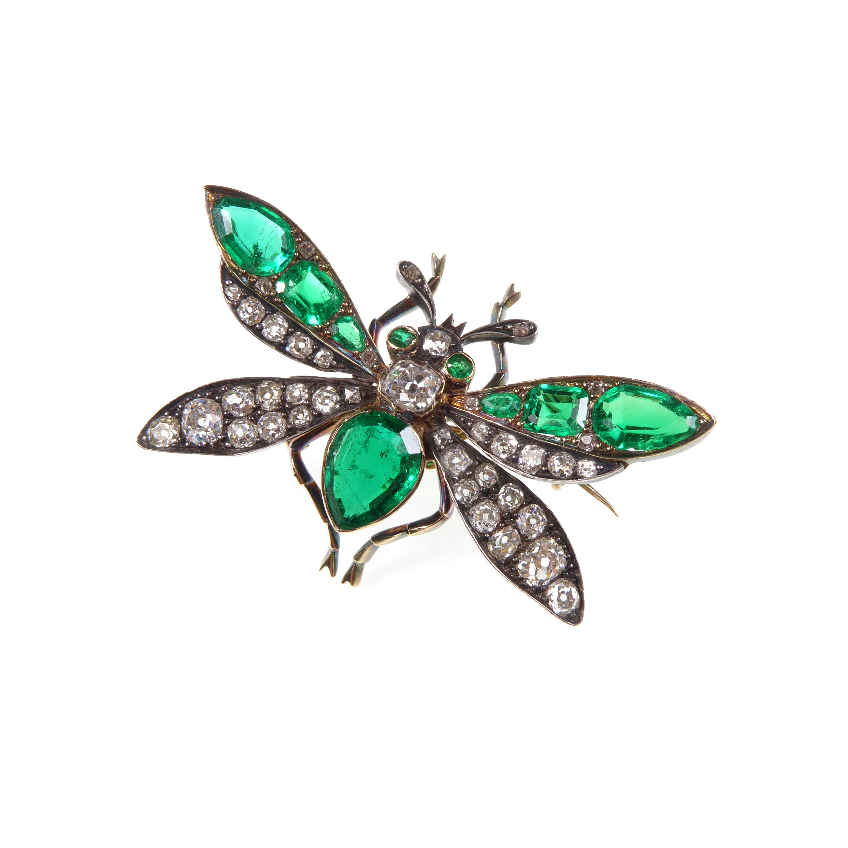 19th century emerald and diamond insect brooch, c.1840, set with Colombian emeralds,